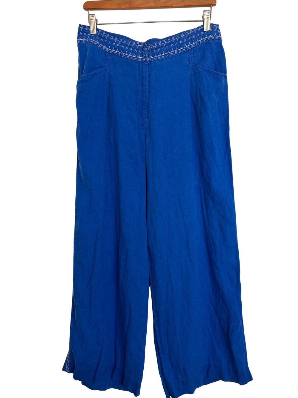 Johnny Was Los Angeles Blue Wide Leg Linen Pants SZ Medium Elevated Basics GUC